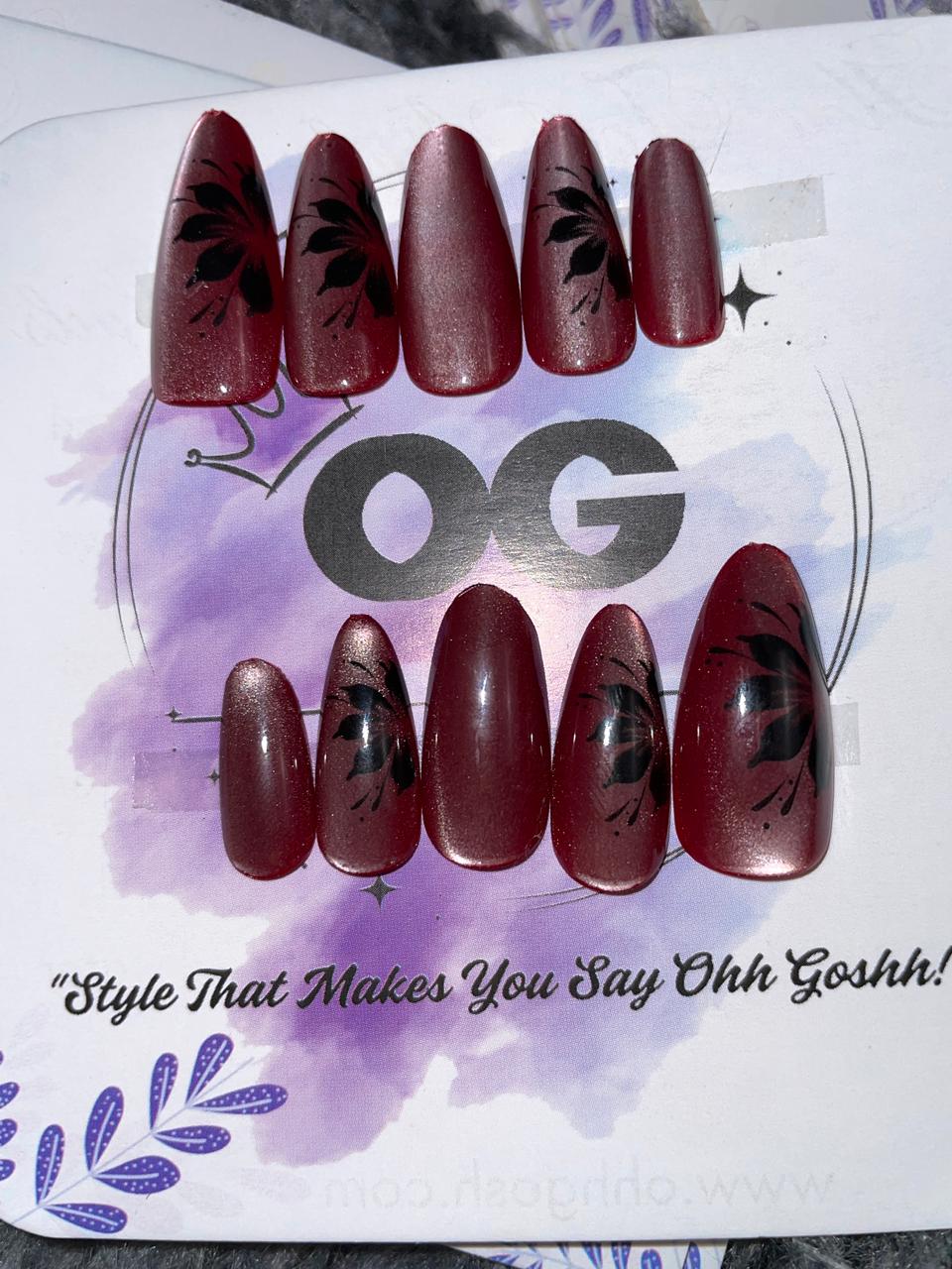 Maroon Floral Cat eye, Almond Shape - Press on Nails |OG