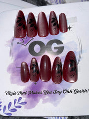 Maroon Floral Cat eye, Almond Shape - Press on Nails |OG