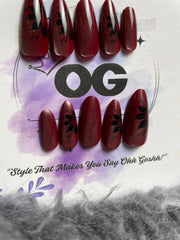 Maroon Floral Cat eye, Almond Shape - Press on Nails |OG